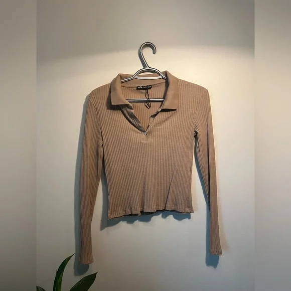 Zara Ribbed Long Sleeve Collared Top - Picture 1 of 6